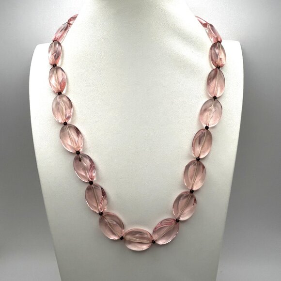 Vintage Pink Glass Bead Necklace Oval Molded Translucent Beads 24” Retro - Picture 1 of 11